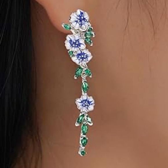 NIB 925 Plated Enamel Flower Inlay Drop Earrings with Crystal Accents - Picture 15 of 16